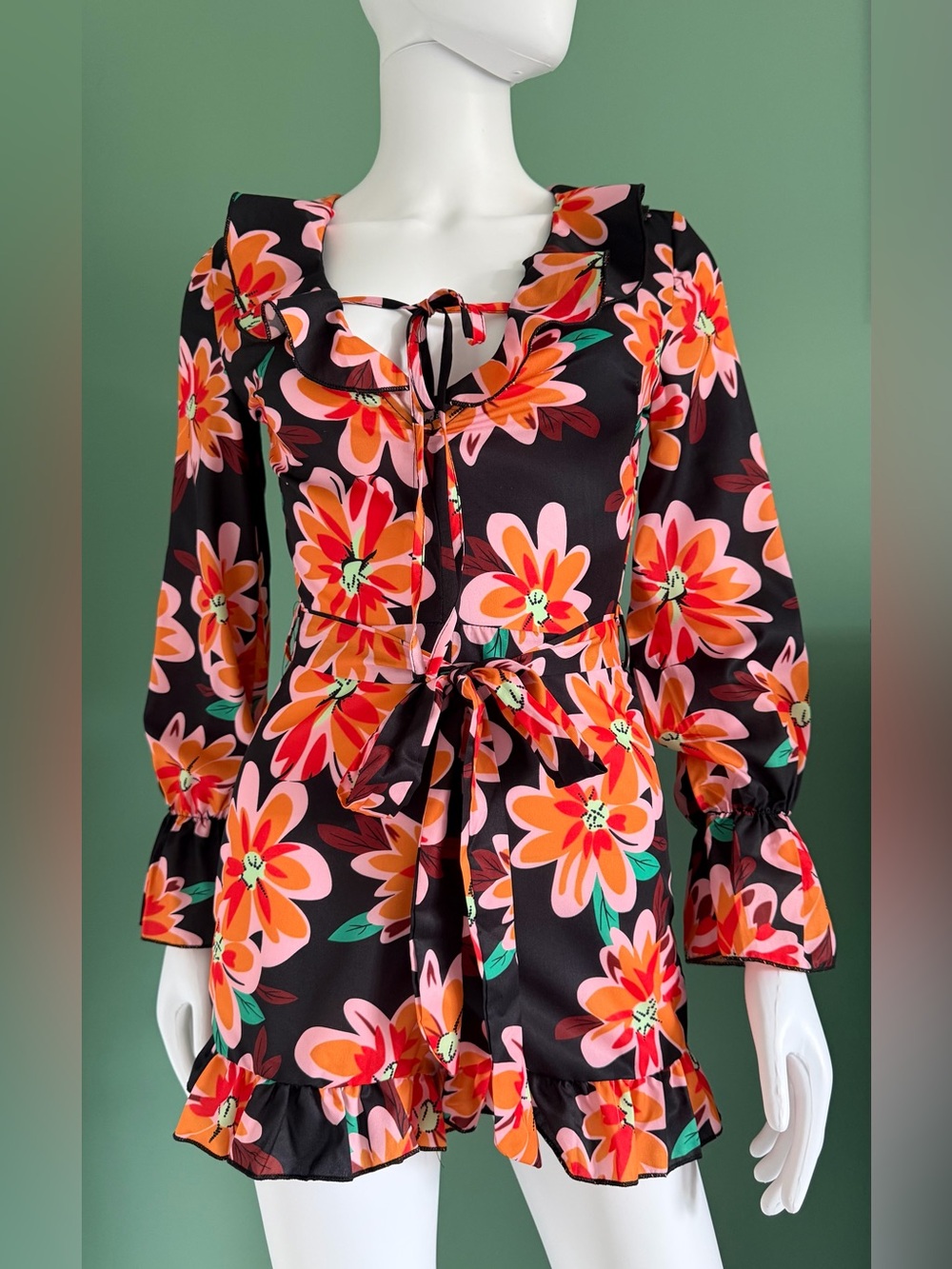 Parisian Black/Orange/Pink Floral Tie-Waist Long-Sleeve Romper